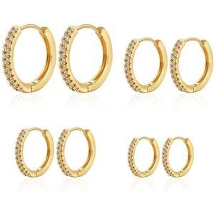 4 set-GD 14K Gold Plated Dainty Huggie Cubic Zirconia Hoop Earrings for Women